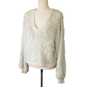SHEIN Soft Cream fuzzy eyelash sweater with a V-neck